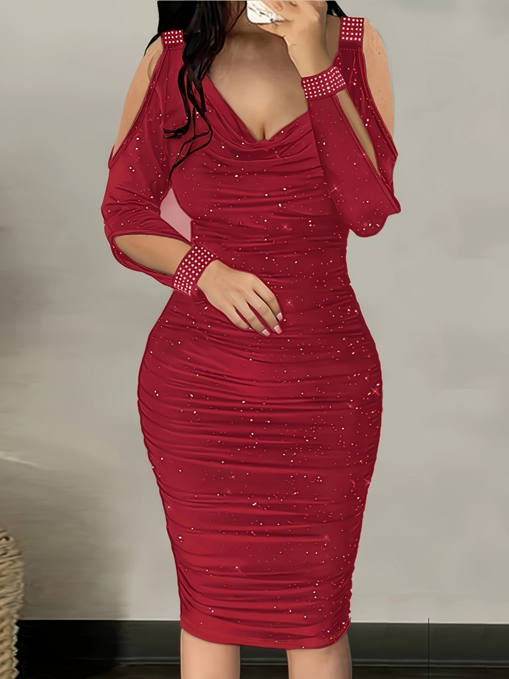 [Red Rhinestone Dress] Deep Red Sparkling Rhinestone Bodycon Dress