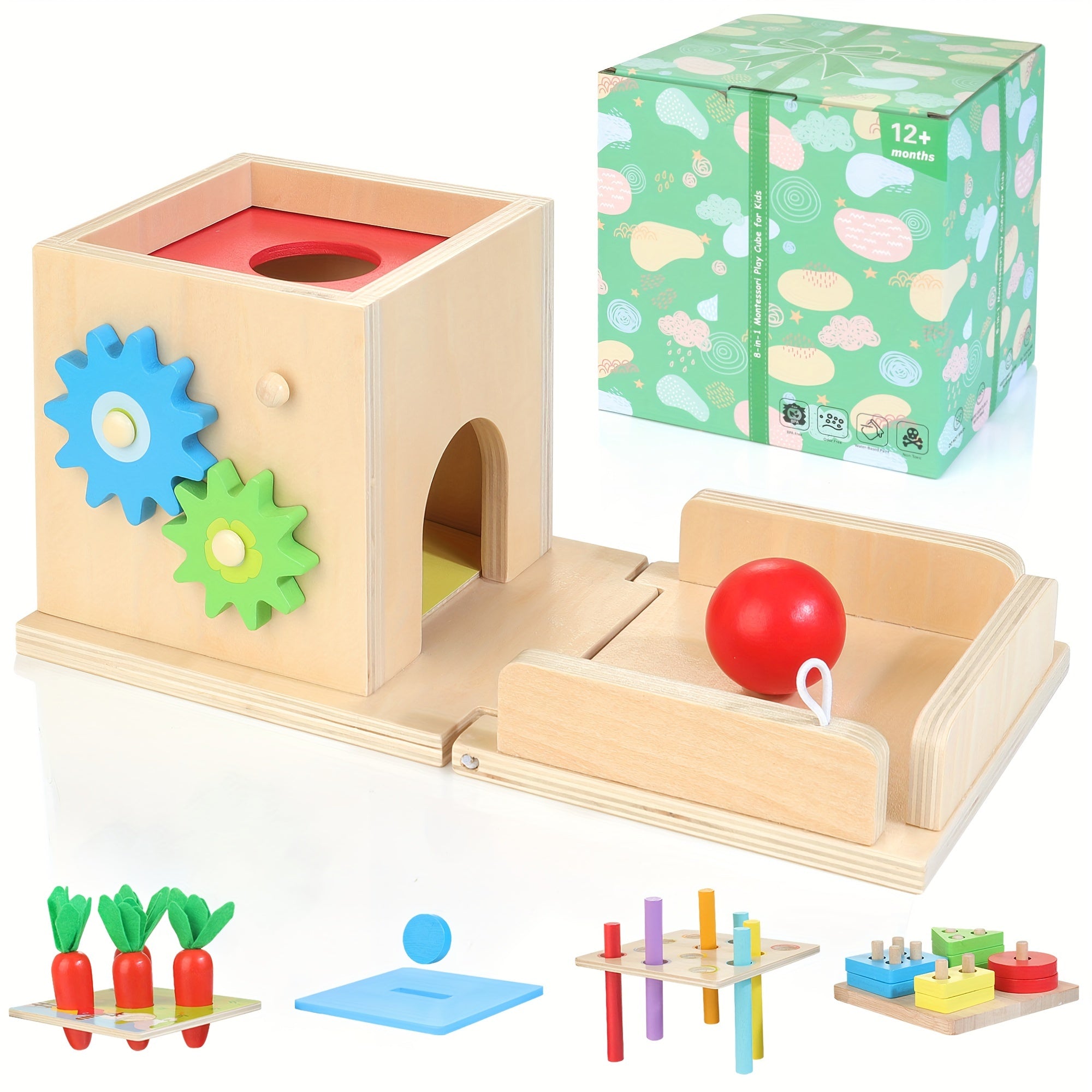 Wooden Baby Toys, 8-in-1 Wooden Play Kit Includes Object Permanent Box, Coin Box, Carrot Harvest, Shape Sorting & Stacking - Christmas Birthday Gift for Boys Girls Toddlers