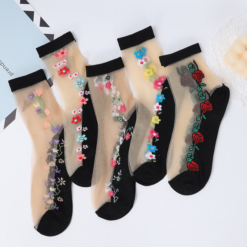 [5 Pairs Crystal Socks] 5 Pairs Thin Glass Jacquard Crystal Ice Slick Fiber Women's Socks