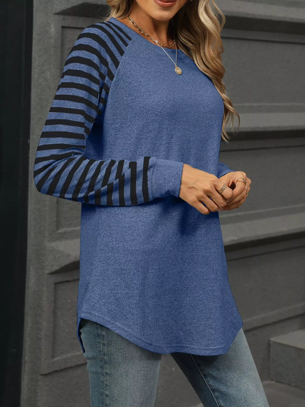 Striped Round Neck Raglan Sleeve T Shirt