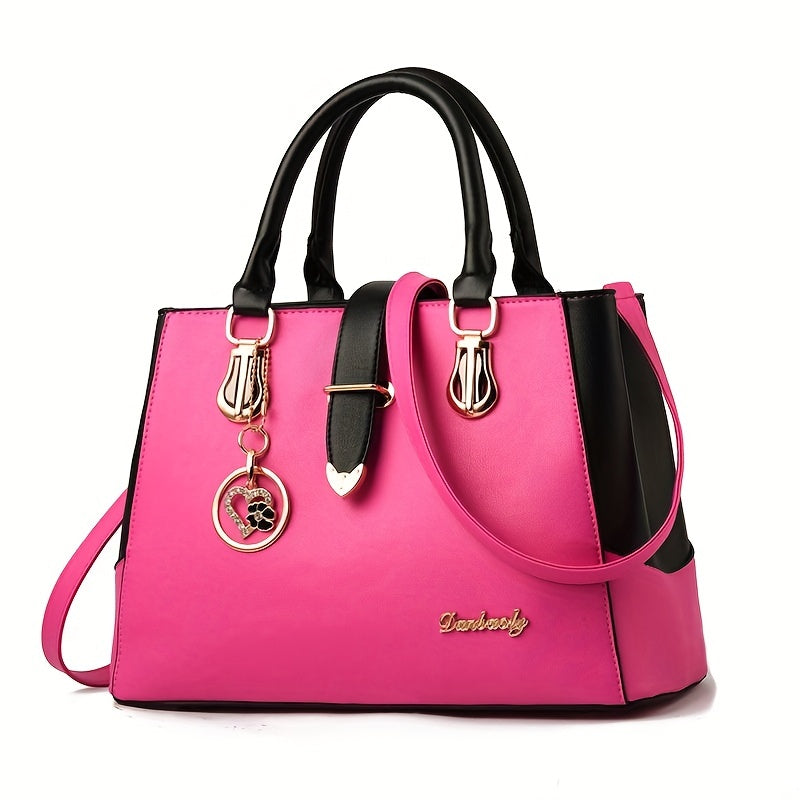 Women's Letter Detail Shoulder Bag, Elegant Double Handle Purse, Simple Large Handbag For Work