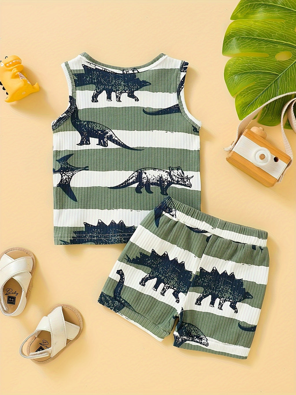 Boys' Dinosaur-Themed Cotton Tank Top & Shorts Set - Olive Green and White, Striped with Cartoon Dinosaur Patterns, Machine Washable, Perfect for Summer, Dinosaur Toys, Perfect for Outdoor