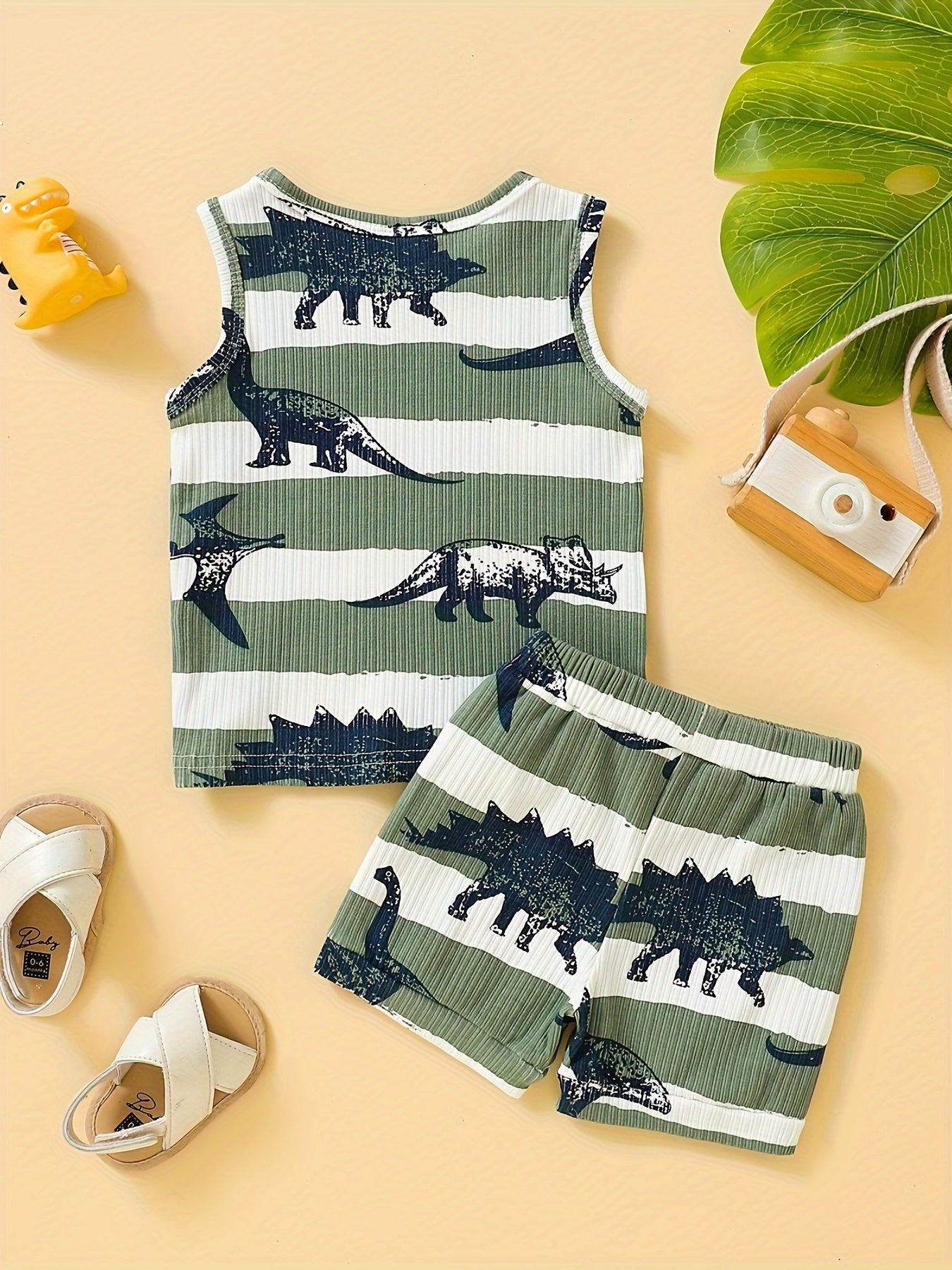 Boys' Dinosaur-Themed Cotton Tank Top & Shorts Set - Olive Green and White, Striped with Cartoon Dinosaur Patterns, Machine Washable, Perfect for Summer, Dinosaur Toys, Perfect for Outdoor