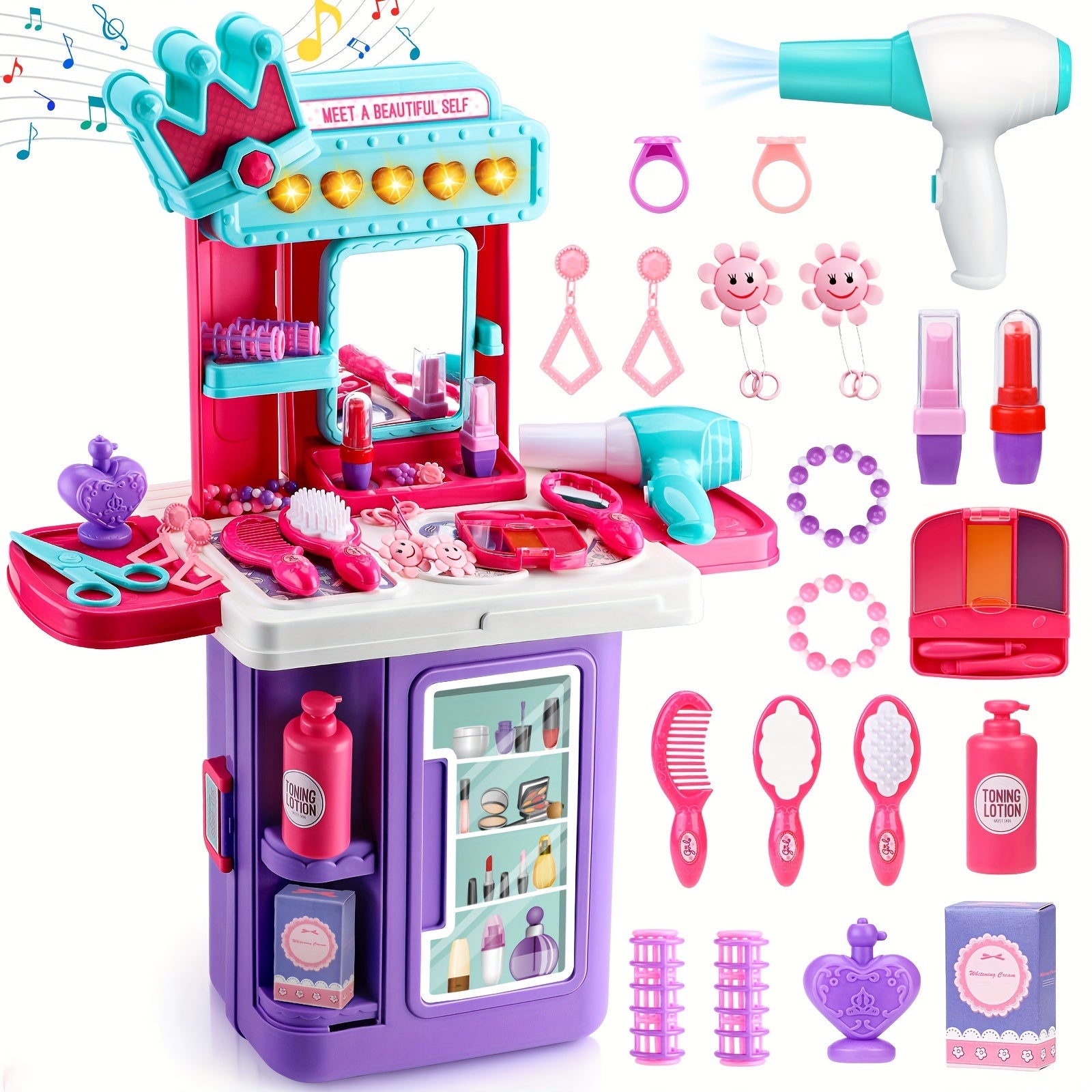 Jovow, Children's Dressing Table Set, 2-in-1 Dressing Table Luggage Trolley Box, Girl Pretending Makeup Toys, Princess Games, Lights And Music, Simulated Hair Dryer Lipstick, Halloween Christmas Gifts