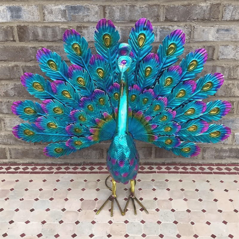 Large Metal Painted Peacock Garden Sculpture - 1pc Figurine for Fountain, Pool, Yard, Lawn, Garden Art - Easter, Halloween, Mother's Day, Thanksgiving, Fall Decor