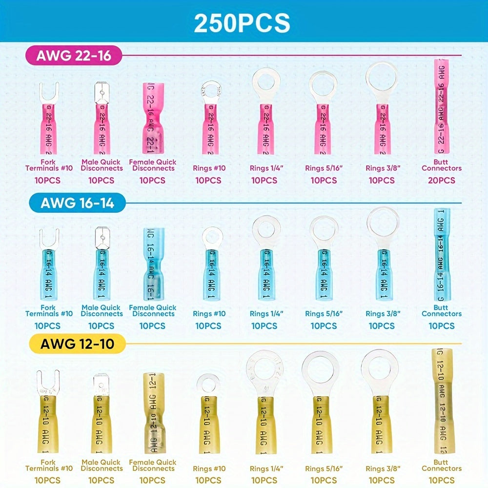 UMLIFE 250pcs Heat Shrink Wire Connectors, Waterproof Automotive Marine Electrical Terminals Kit, Crimp Connector Assortment, Ring Fork Spade Splices