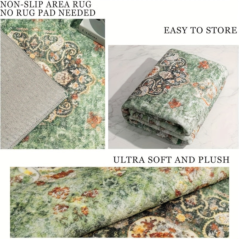 Large Living Room Carpet in Bohemian Style - Imitation Cashmere, Soft, And Washable Mat for Dining Rooms, with Anti-Slip Backing Suitable for Offices And Bedrooms. Ideal for Home Decoration, Including Green Bathroom Rugs