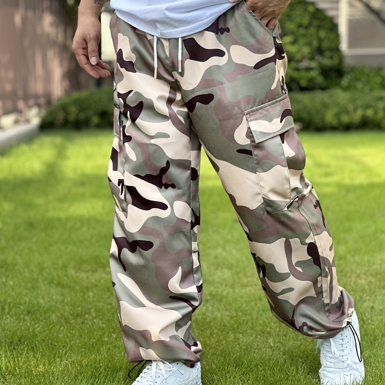 Men's Camo Cargo Pants - Durable Polyester, Multi-Pocket Design for Outdoor & Casual Wear, All Seasons