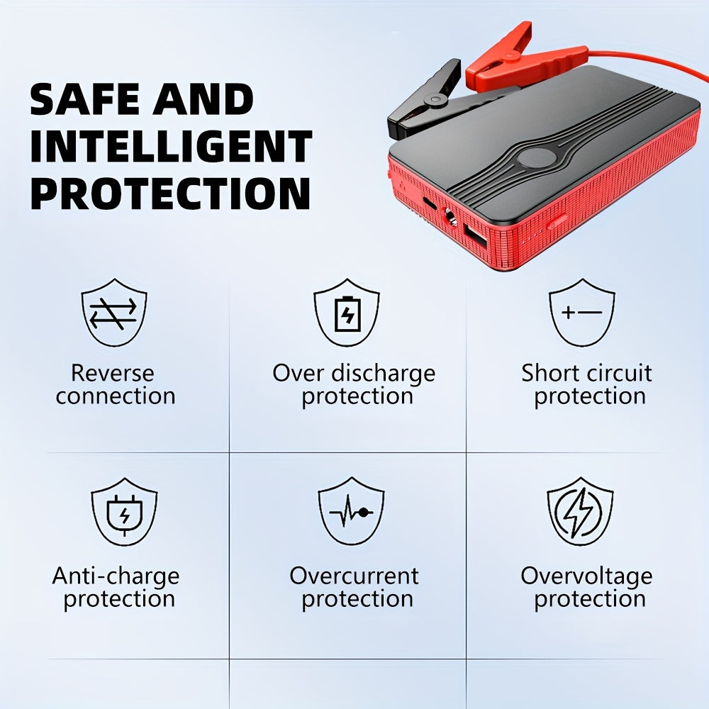 6000mAh Portable Car Jump Starter - Smart Digital Display, 12V Emergency Power, Flashlight, USB-Powered, Red | Automotive Emergency Gear