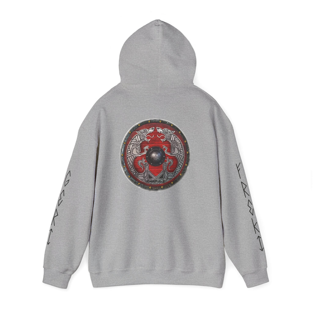 Viking Shield Hoodie — "Let’s Go Avikingri" Norse Rune Sleeve Pullover