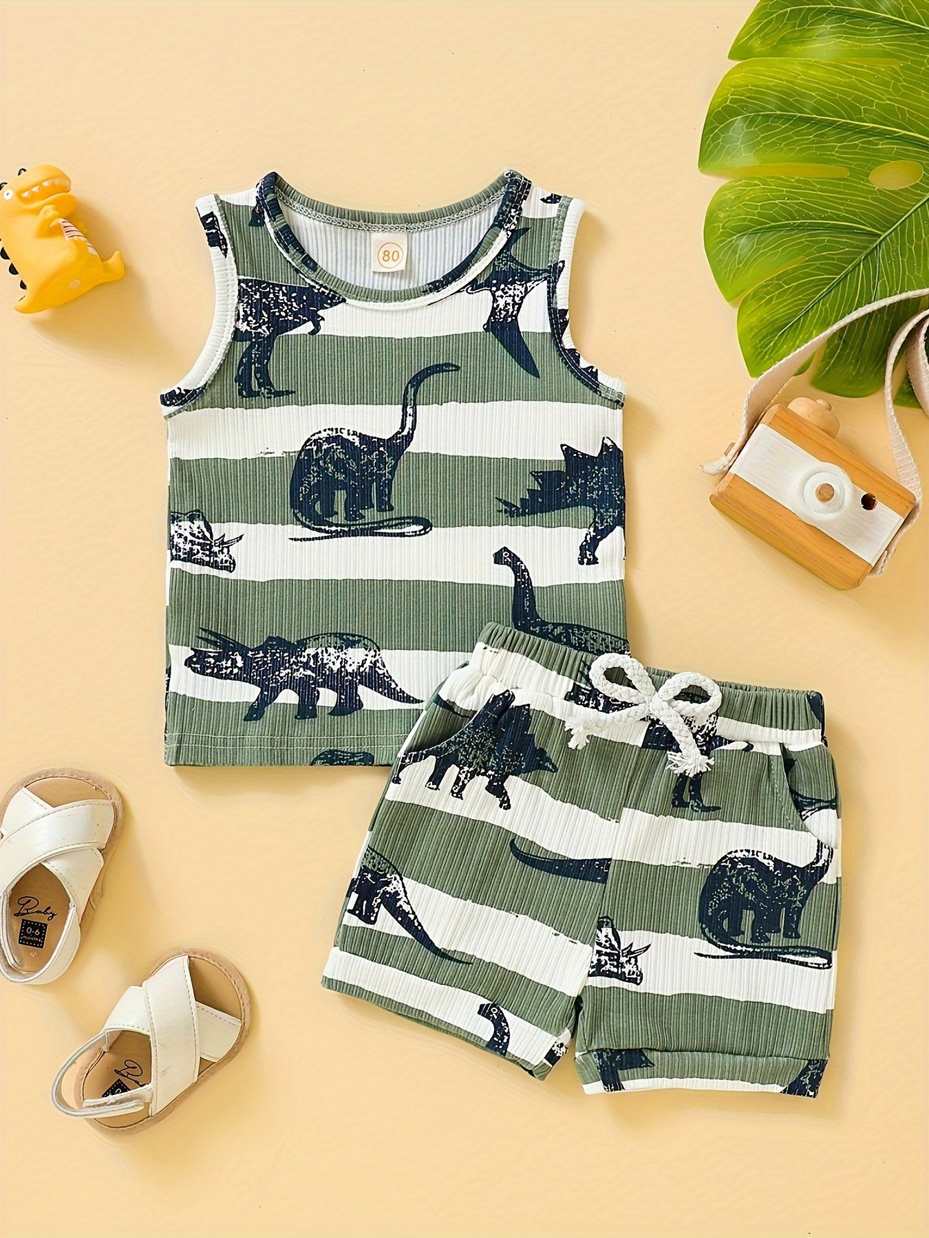 Boys' Dinosaur-Themed Cotton Tank Top & Shorts Set - Olive Green and White, Striped with Cartoon Dinosaur Patterns, Machine Washable, Perfect for Summer, Dinosaur Toys, Perfect for Outdoor