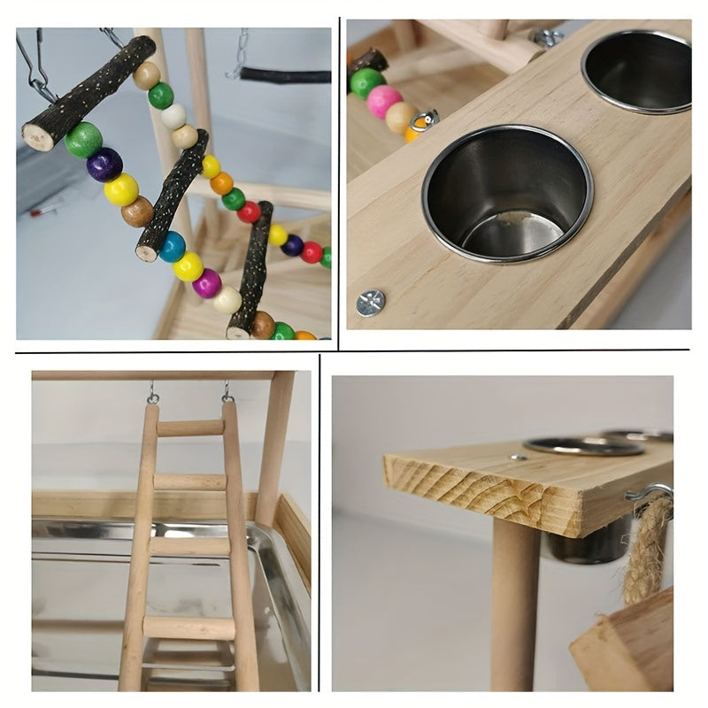 Deluxe Wooden Parrot Playstand with Climbing Ladder, Swing & Chew Toys -