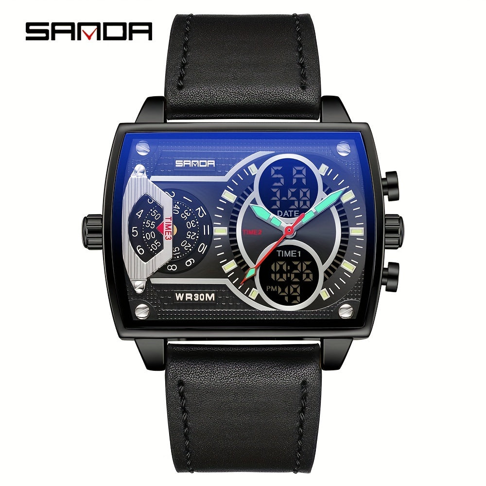 Large Dial Multi Time Zone Men's Watch, Square Dual Display Multifunctional Sports Watch with Dual Time Zone, Date, Alarm, and Stopwatch Functions