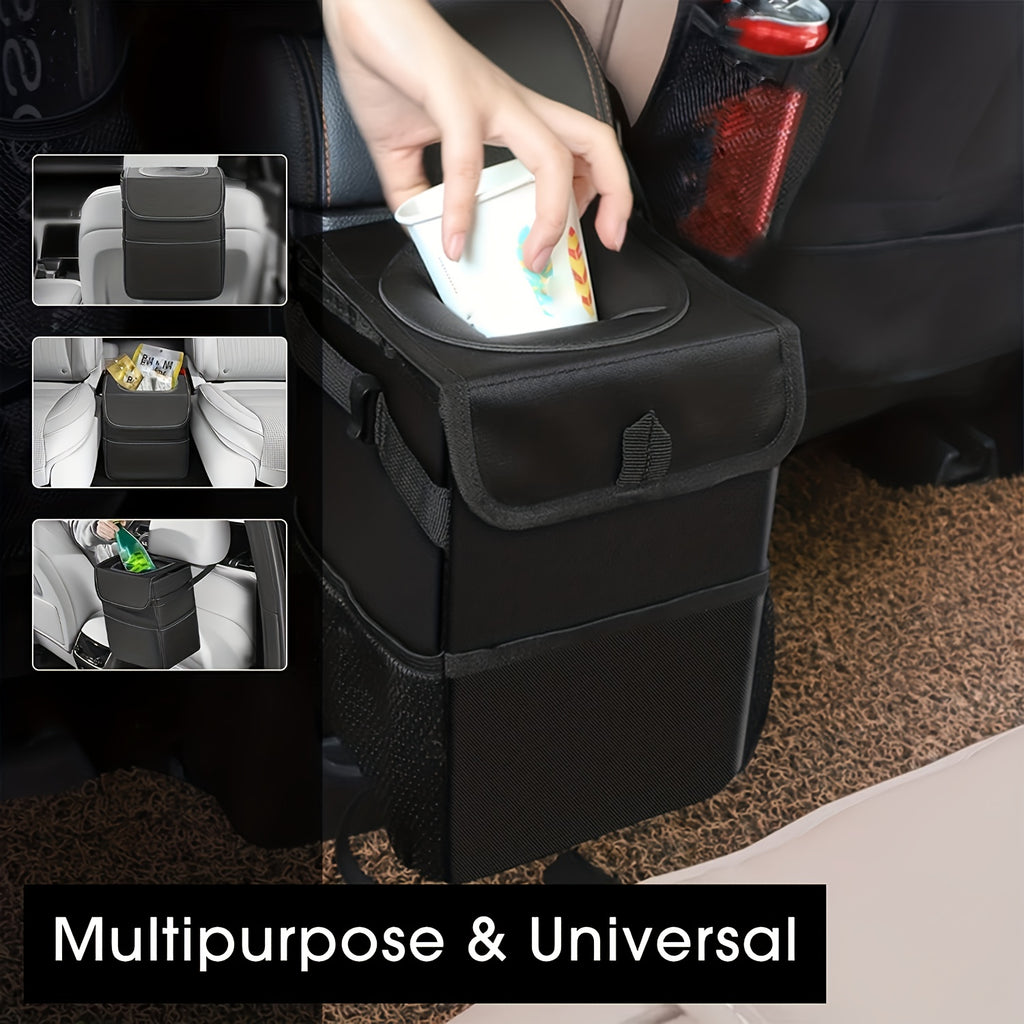 Zukmi Car Trash Can with Lid And Storage Pockets - Car Trash Bag Hanging, Leak-Proof Automotive Garbage Can, Multipurpose Car Trash Bin 1pc