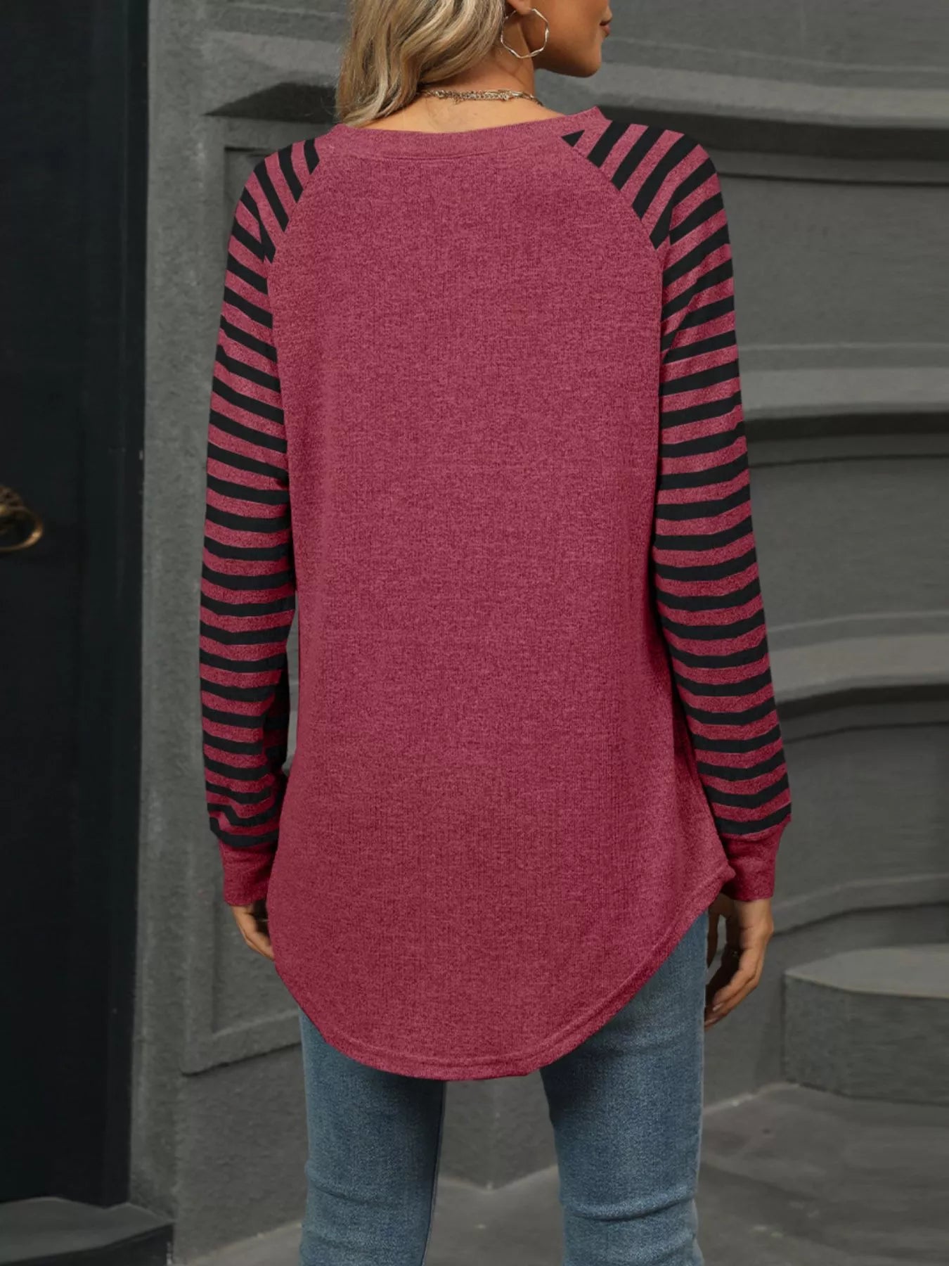 Striped Round Neck Raglan Sleeve T Shirt