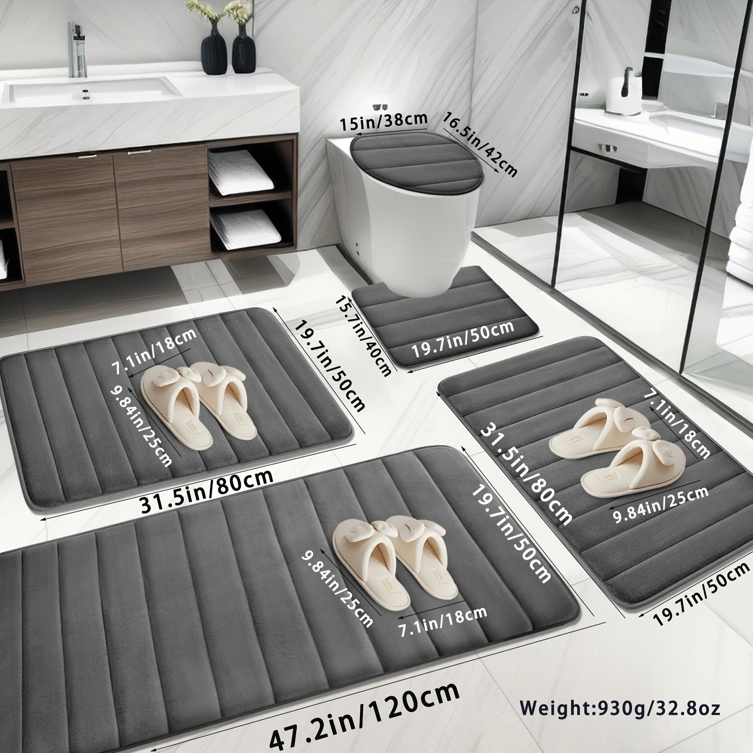 5pcs Ultra Absorbent Luxury Memory Foam Bath Mat Set - Plush, Non-Slip, Soft Polyester Blend Rugs - Machine Washable, Quick Dry, Ideal for Sink, Tub, Shower, Toilet, Bathroom Mat in Black, Dark Gray, Light Gray, Blue, Brown