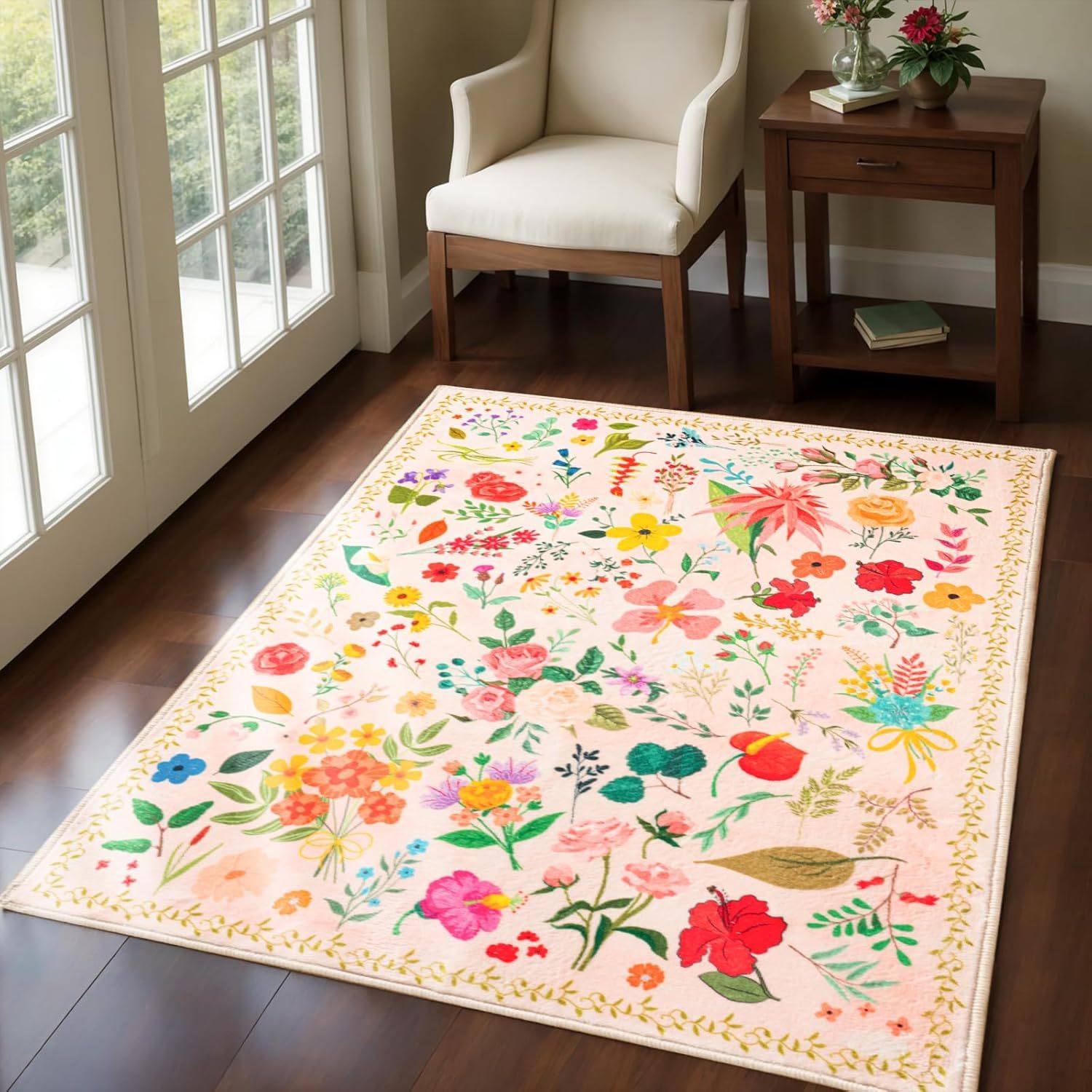 Vibrant Floral Print Area Mat - Soft Beige Imitation Cashmere, Anti-Slip & Machine Washable, Perfect for Living Room, Bedroom, or Home Decor, Rugs for Living Room