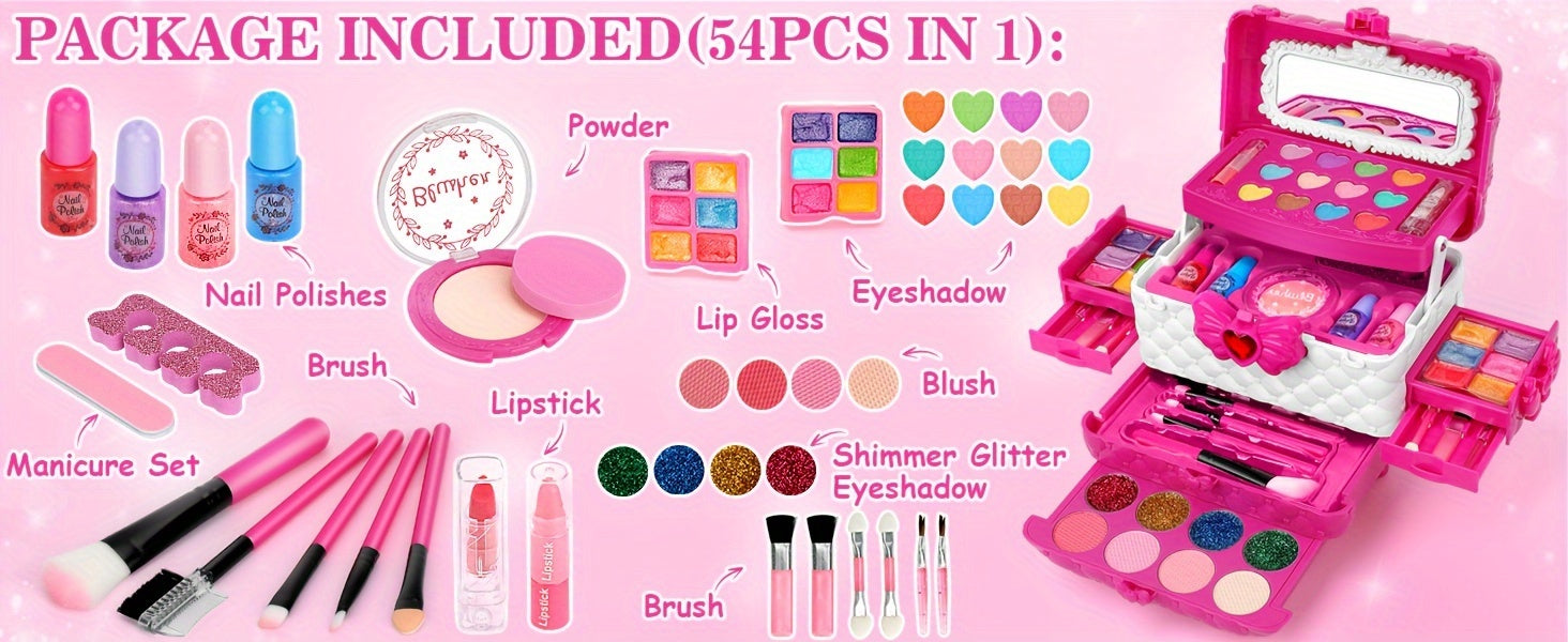 54PCS Washable Real Makeup Set for Kids, Little Girls Makeup Toys, Ideal Christmas Gifts, Toddler Toys for Halloween