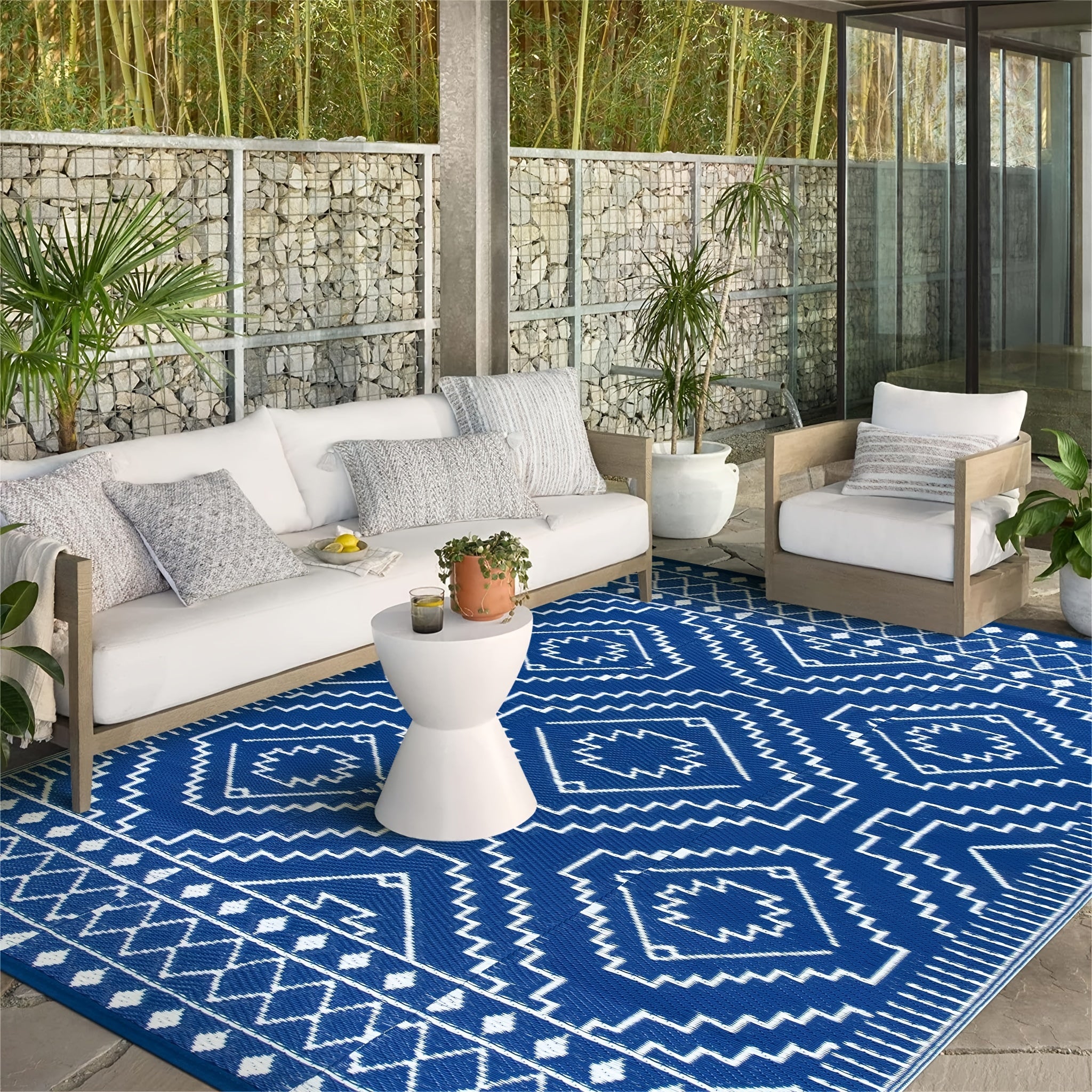 Large Outdoor Mat – Reversible Lightweight Straw Area Mat with Geometric Black & Beige Pattern for RV, Camping, Beach, and Patio Decor, Outdoor Rugs
