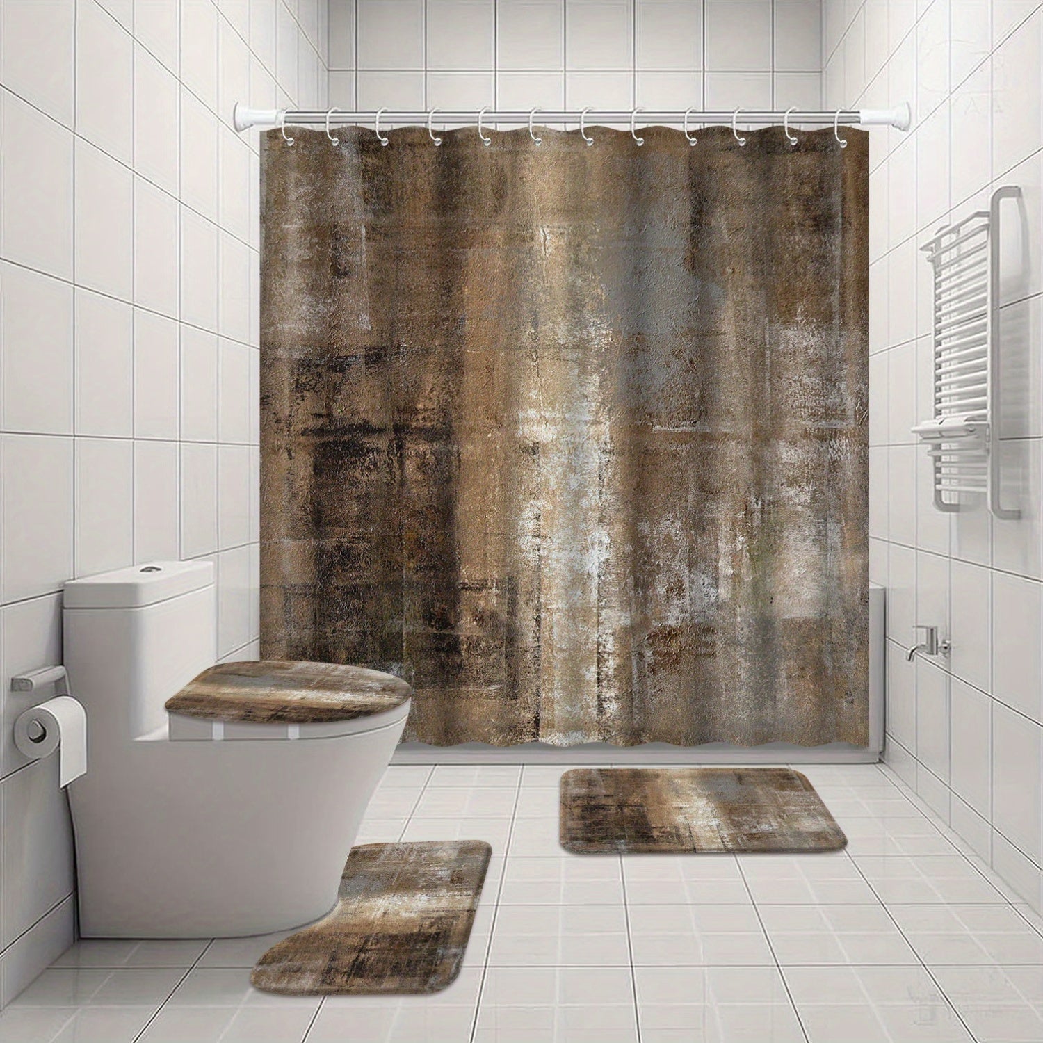 4 Pack Brown and Grey Abstract Art Bathroom Accessory Set, Complete with Matching Rugs, Mats, Curtains for Bathroom