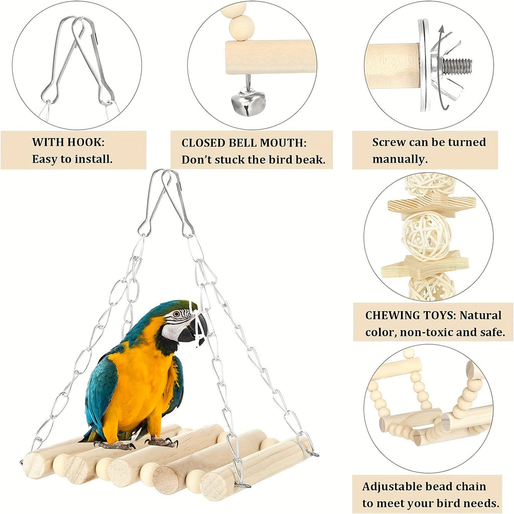 8pcs Solid Wood Bird Toy Set - Tiger Skin Peony Love Bird Small and Medium Parrot Toys with Swing Stairs and Chew Ball