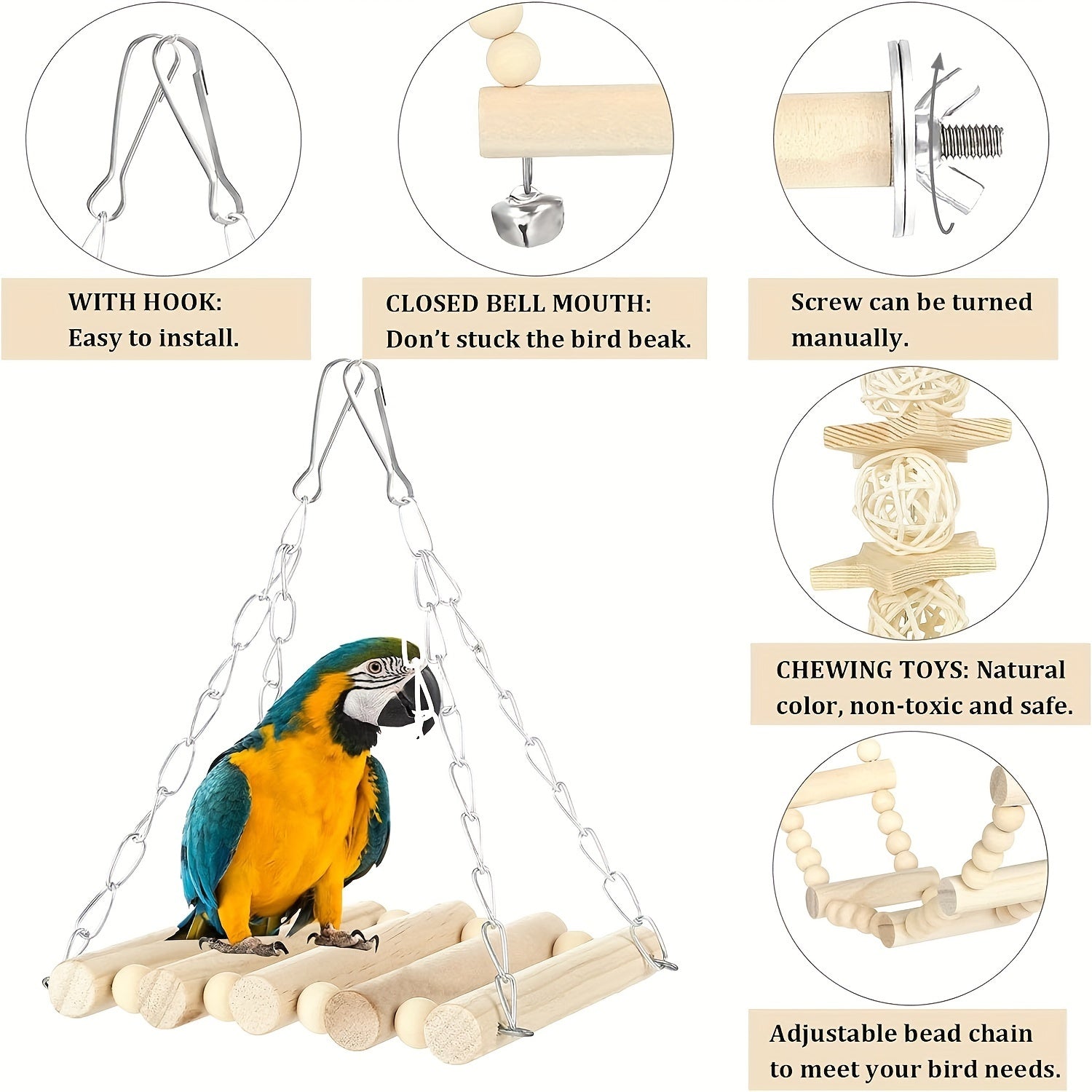 8pcs Solid Wood Bird Toy Set - Tiger Skin Peony Love Bird Small and Medium Parrot Toys with Swing Stairs and Chew Ball