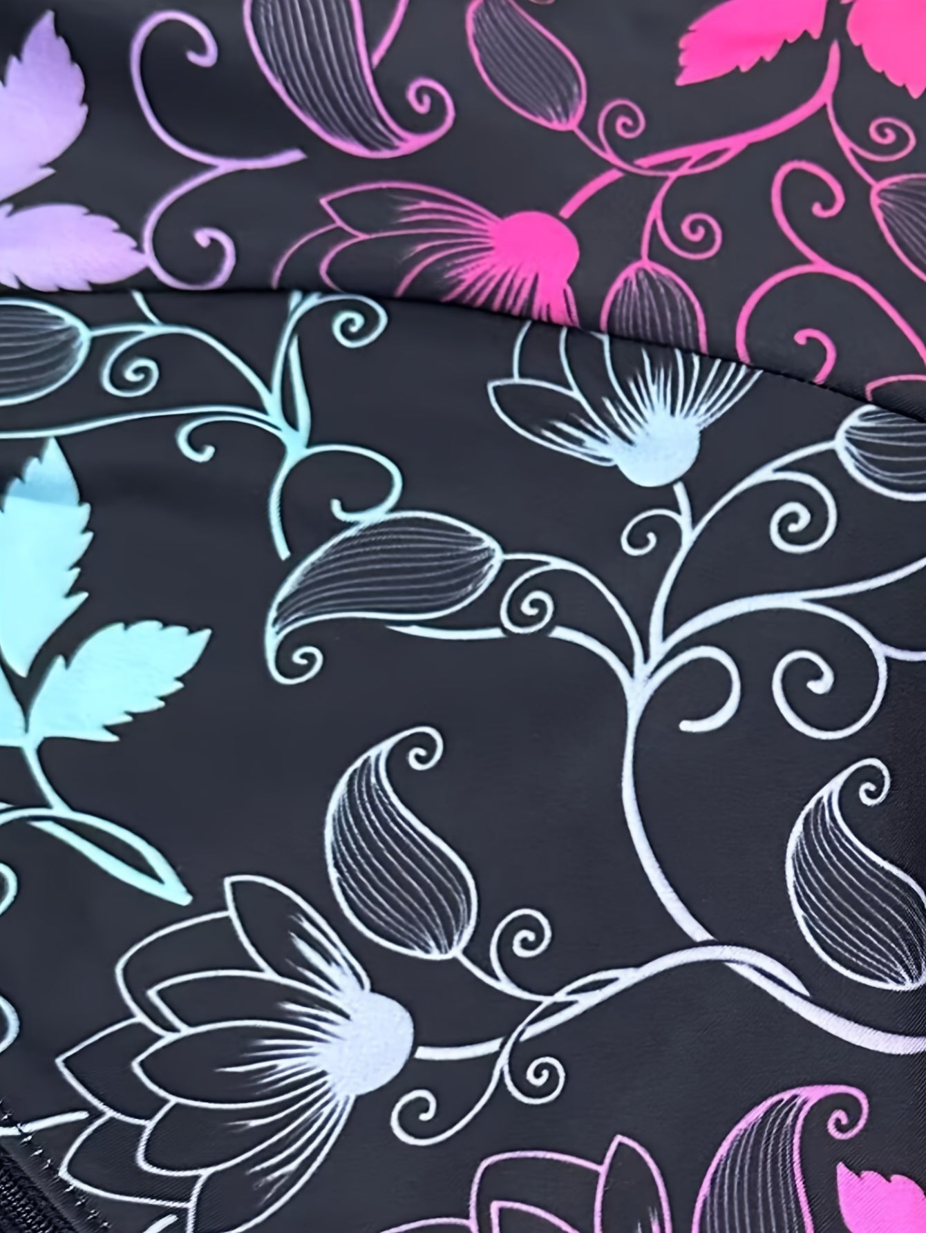 Plus Size Sports Jumpsuit, Women's Plus Colorful Leaf Graphic Long Sleeve Zip Up Biker Fitness Jumpsuit