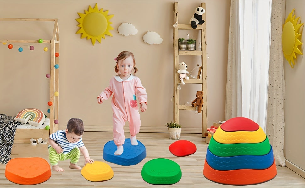 Stepping Stones for Kids-5Pcs patterns of fruits, letters, numbers, polygons and waves, Kids Balance Stepping Stones, Toddler Obstacle Course, Coordination Game Sensory Toys, Halloween Christmas Gift