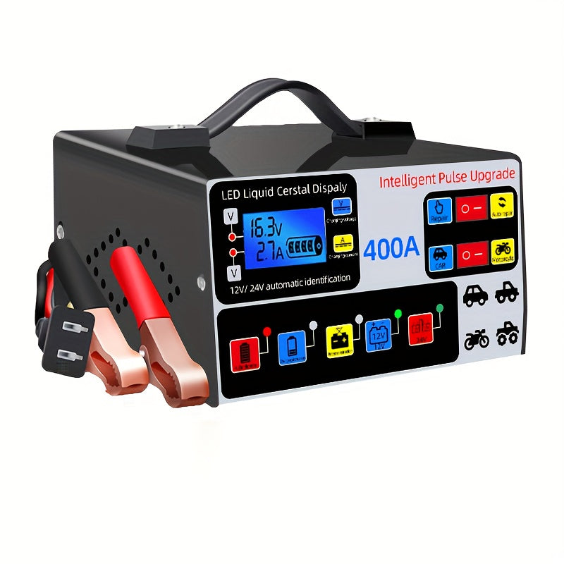 12V/24V Large Power Automotive Smart Pulse Repair Car Charger - Fast and Efficient Vehicle, Boat, Motorcycle Battery Charger with Advanced Safety Features and Multi-Protection