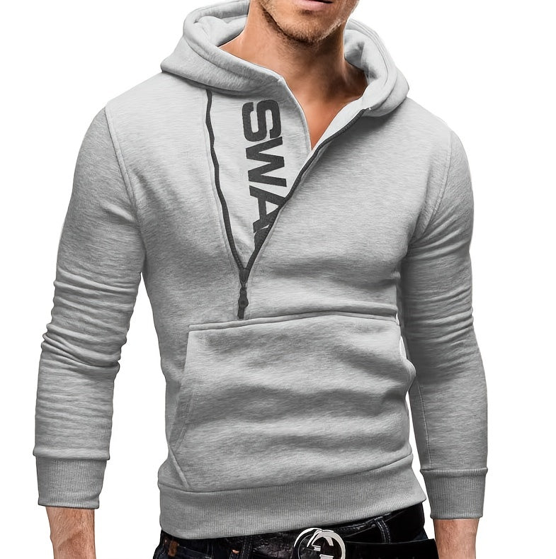 Men's Long Sleeve Letter Print Hoodie Sweatshirt with Kangaroo Pocket, Zipper Sloped Collar, Suitable for Outdoor Sports, Autumn and Winter Fashion