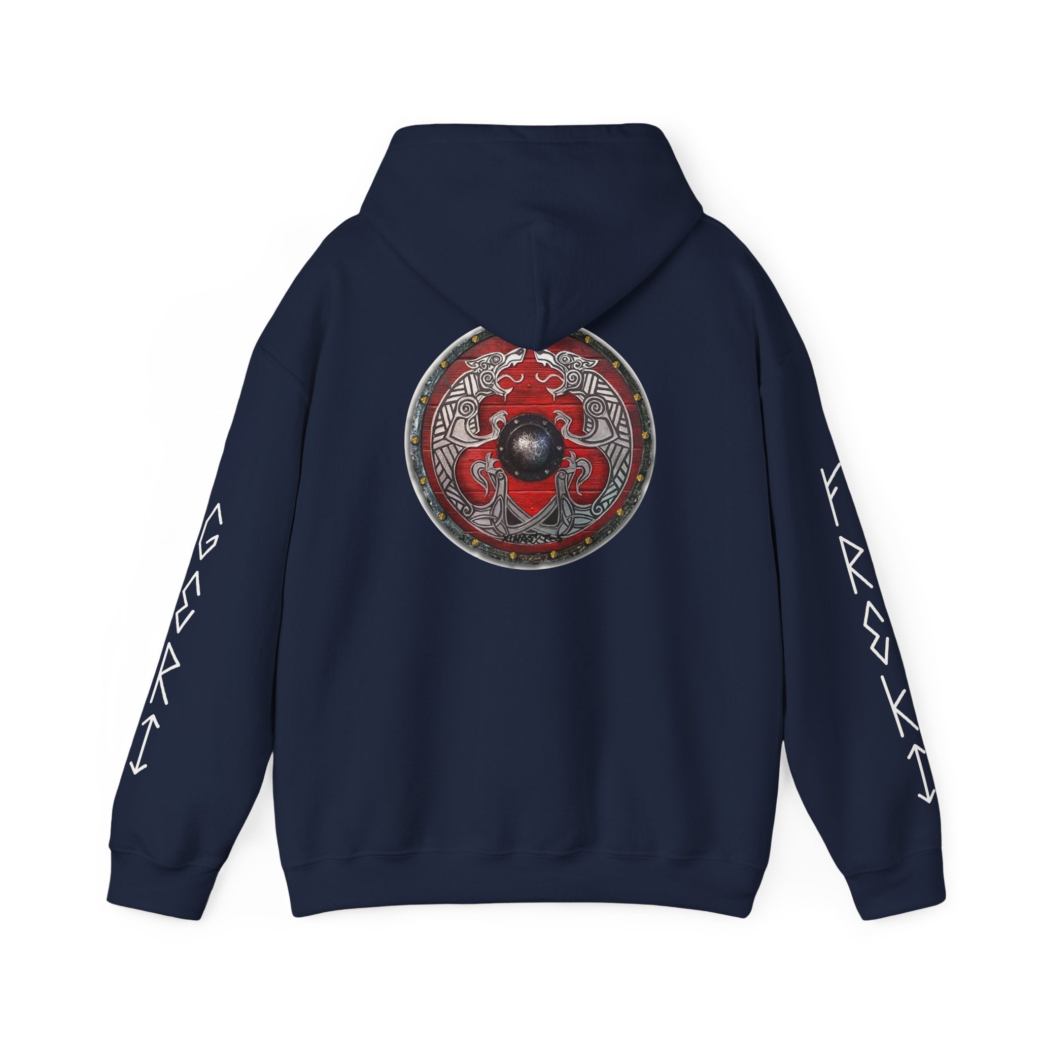 Viking Shield Hoodie — "Let’s Go Avikingri" Norse Rune Sleeve Pullover