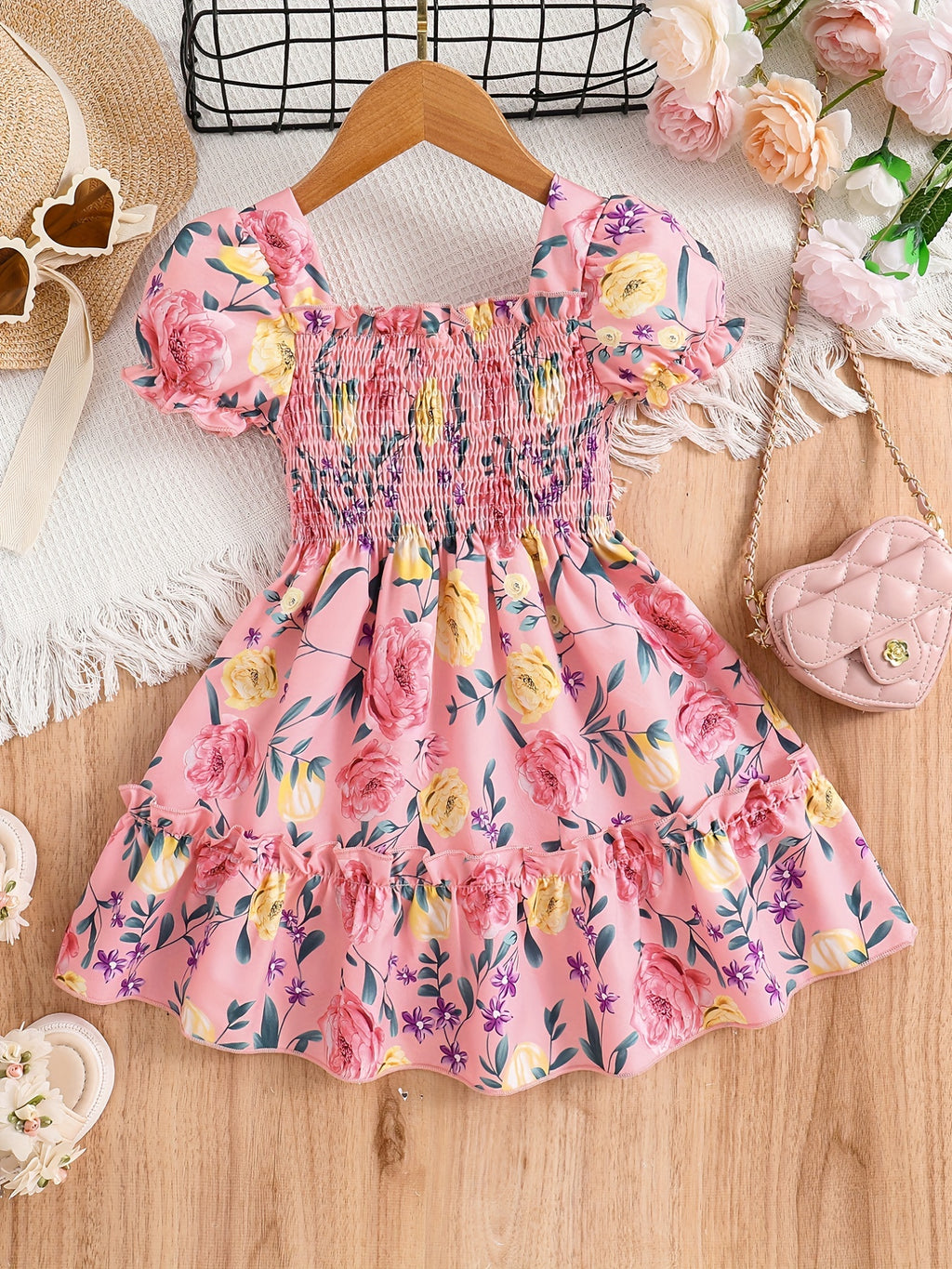 Girls Puff Sleeve Floral Shirred Ruffled Hem Party Dress Kids Summer Clothes