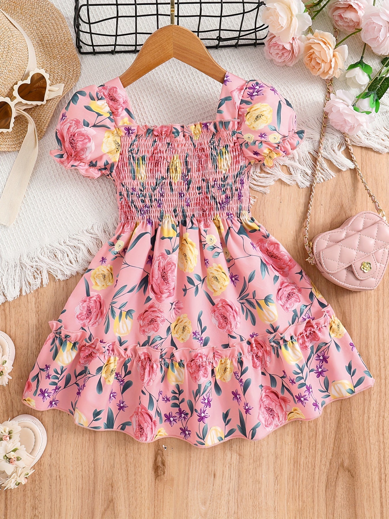 Girls Puff Sleeve Floral Shirred Ruffled Hem Party Dress Kids Summer Clothes