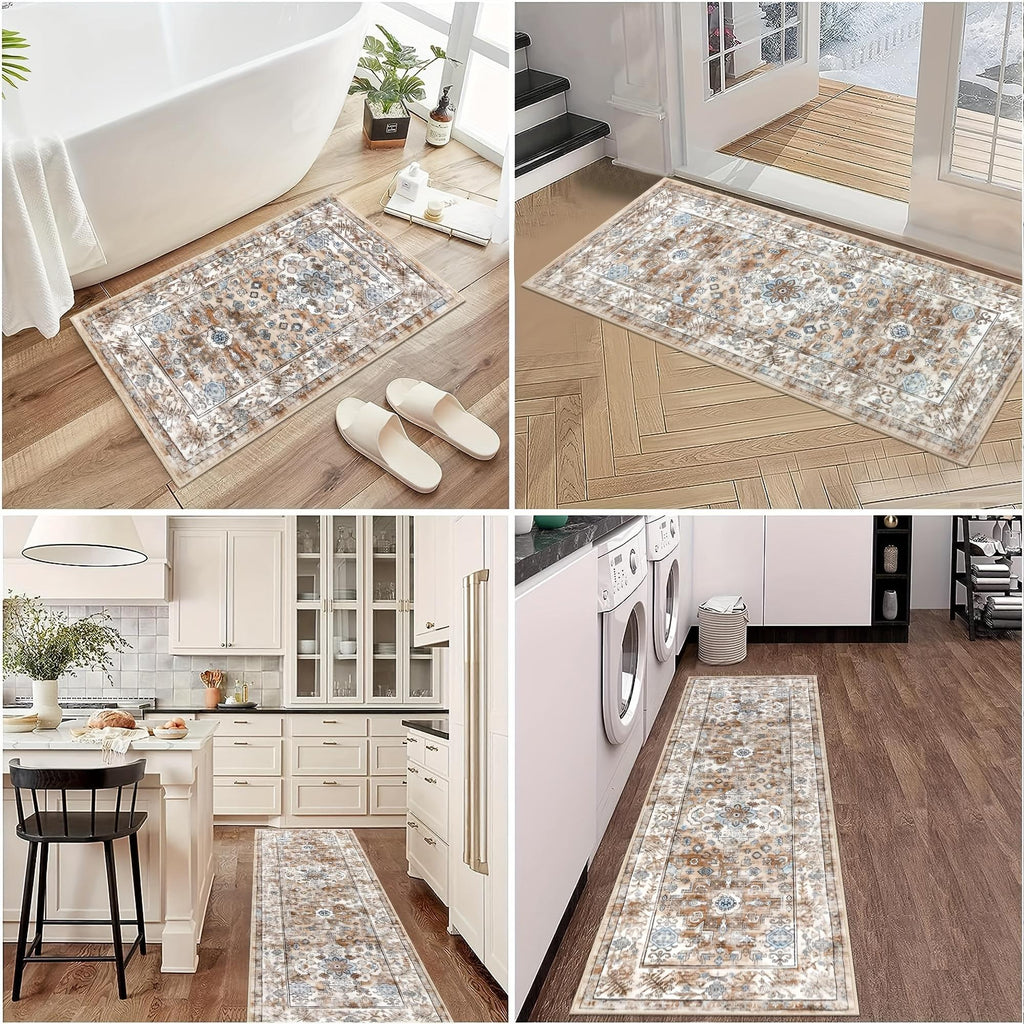 1/2/3pcs Bohemian Style Flannel Kitchen Floor Mats, Washable Low-area Rugs, Suitable for Decoration In Kitchens, Laundry Rooms And Hallways