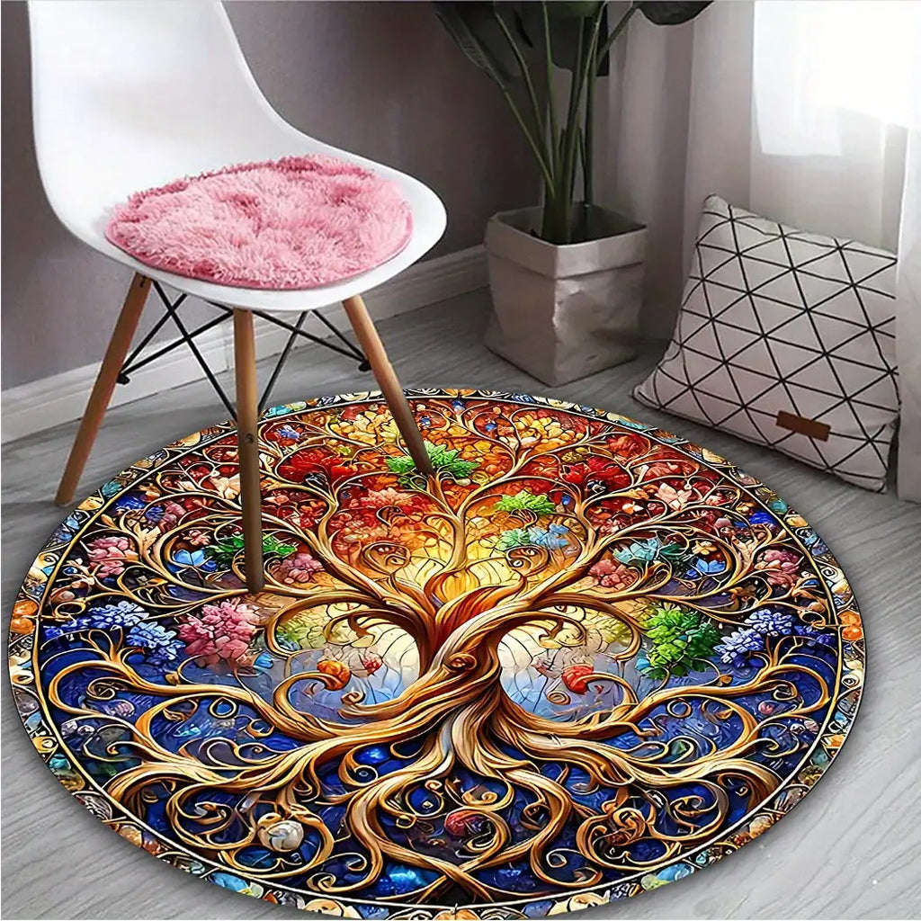 Tree of Life Round Area Mat - Vibrant Stained Glass Design, Non-Slip Rubber Backing, Easy to Clean 100% Polyester Fiber, Indoor/Outdoor Use for Living Room, Bedroom, Terrace, Camping - Large Size Available, Outdoor Rugs for P