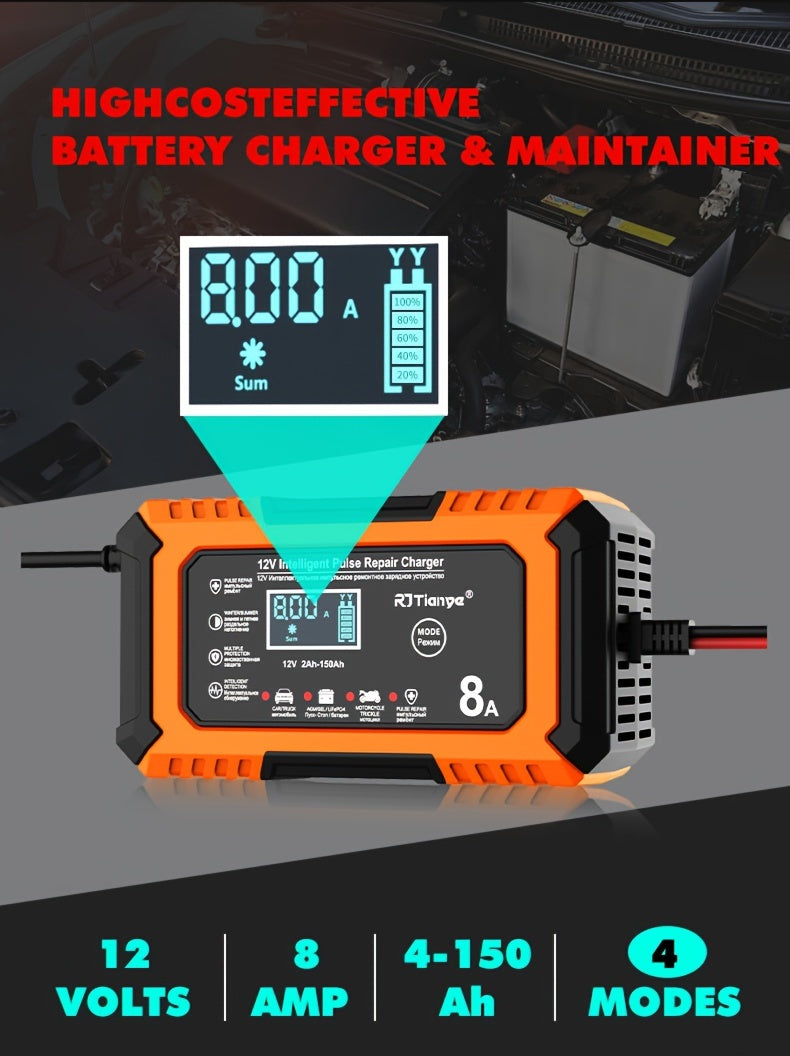 [Smart Car Charger] 12V 8A Smart Trickle Charger, American Plug Car Battery Charger | for Automotive Lead Acid and Lithium Iron Batteries