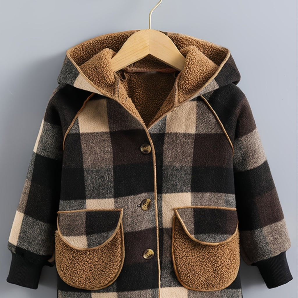 Boys' Long Sleeve Plaid Fleece-Lined Jacket with Button Front & Pockets