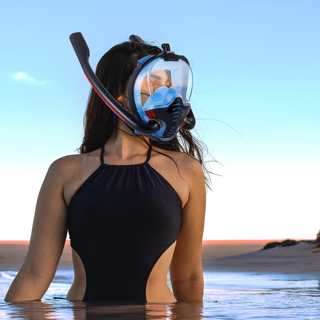 BOKEFA Full Face Snorkel Mask with 180° Panoramic View, Dual Tubes, Camera Mount & Air Pump - Adult Swimming Gear, PC Material, Black (Cameras Not Included), Diving Gear