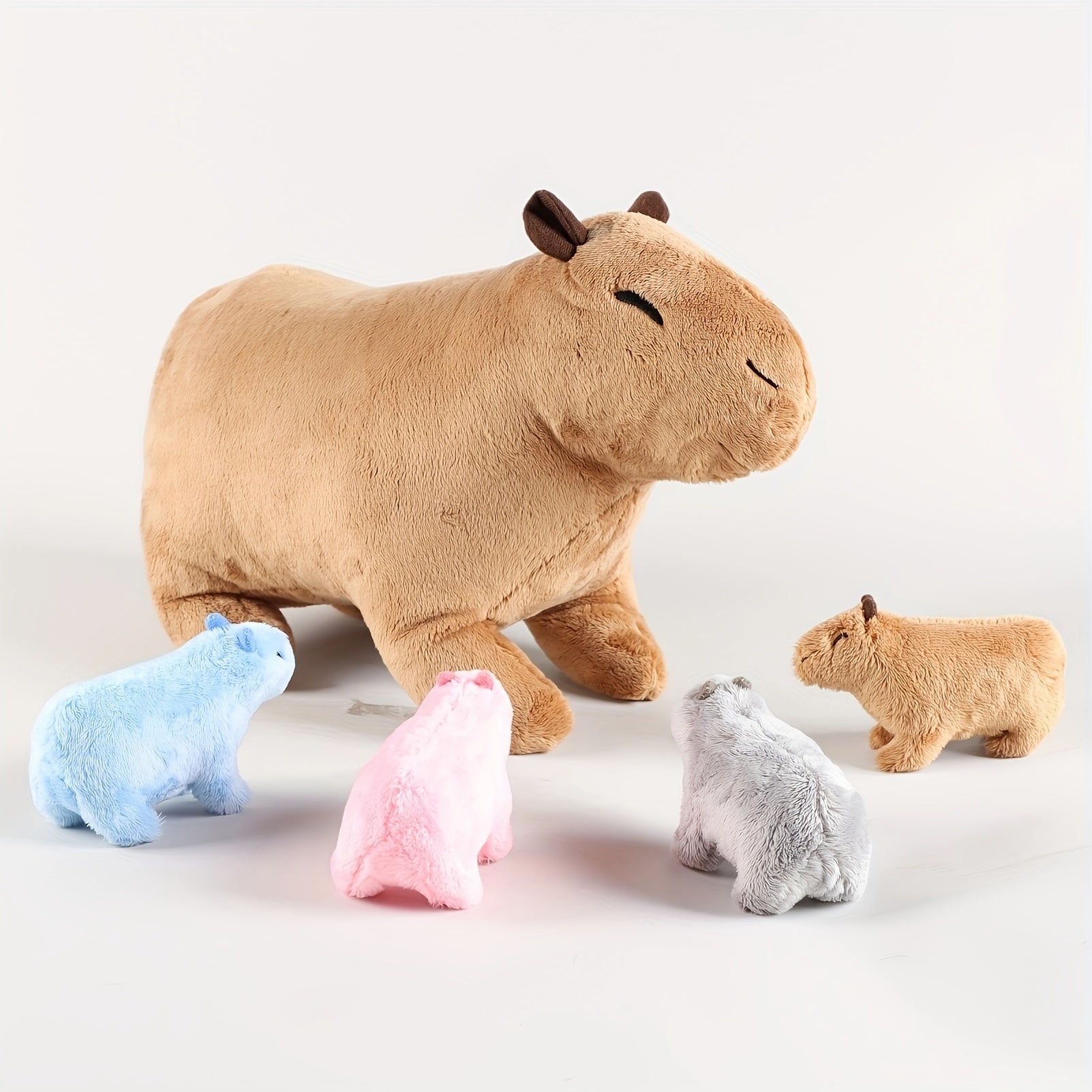 Kawaii Simulation Capybara Stuffed Animal-13.38'' Mommy Stuffed Capybara with 4 Mini Capybara Stuffed Animals Inside Zipper Tummy, Stuffed Simulation Capybara Toys for Kid Christmas