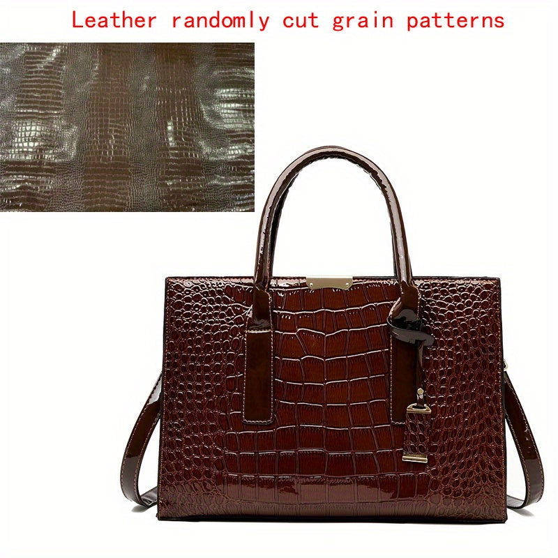 Crocodile Embossed Handbag, Trendy PU Leather Top Handle Purse, Women's Solid Color Shoulder Bag