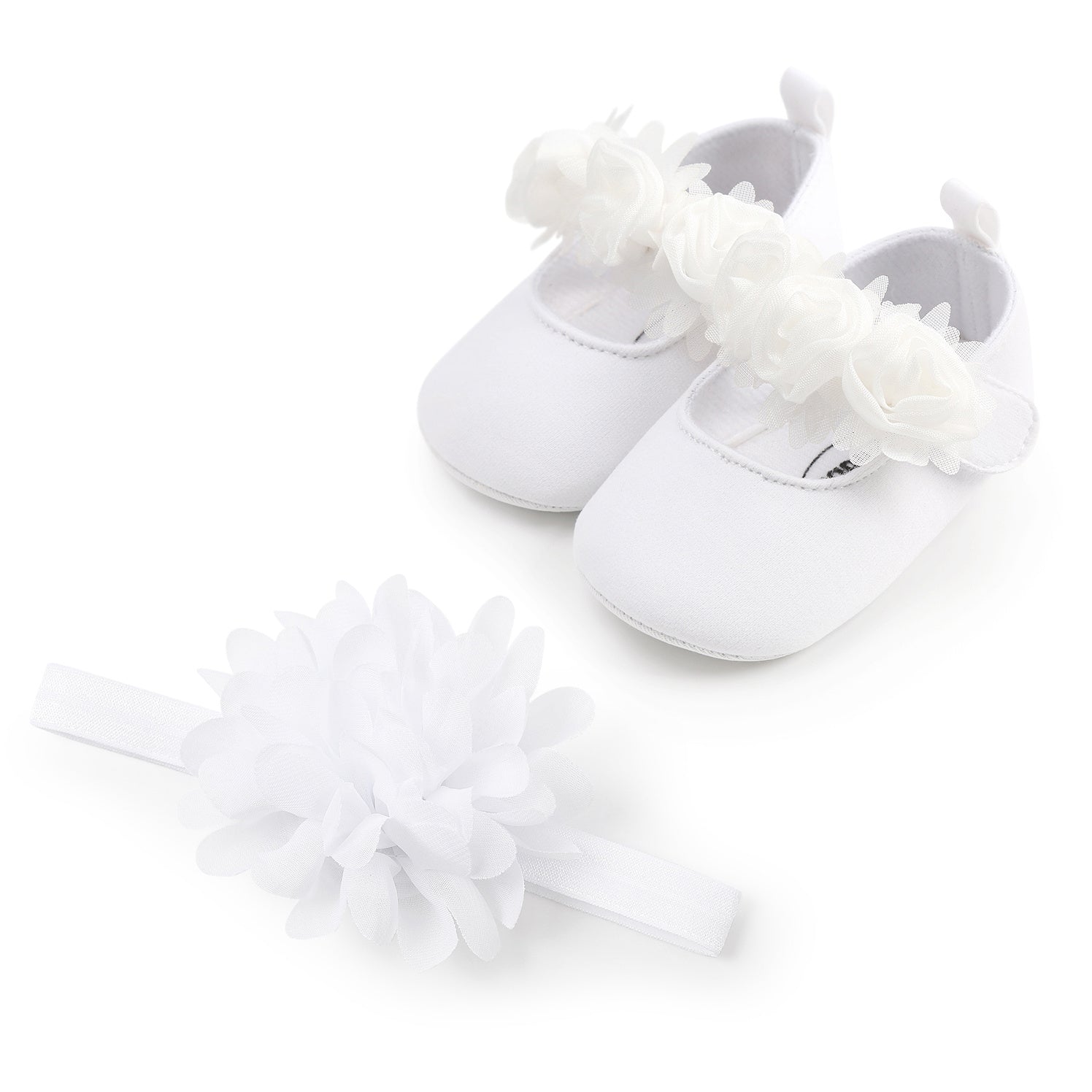 Baby Girls Mary Jane Flat Shoes With Floral Decor & Headband, Princess Wedding Crib Shoes For Infant Newborn First Walkers Prewalkers