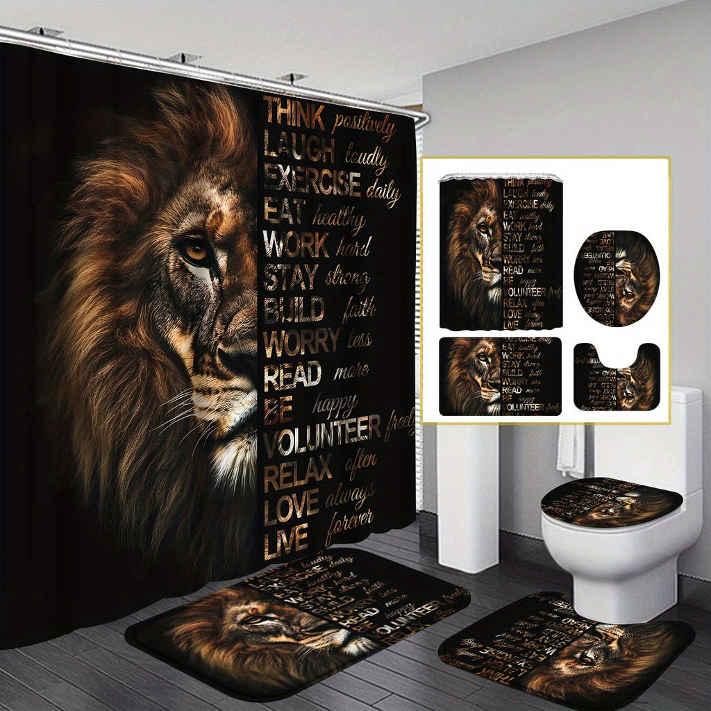 4pcs Powerful Lion Shower Curtain Set, Golden African Safari Animals Masculine Male Cool Bathroom Sets with Shower Curtain and Rugs, Motivational Inspirational Quotes Shower Curtain with Bath Mat Set and 12 Hooks, Shower Curt