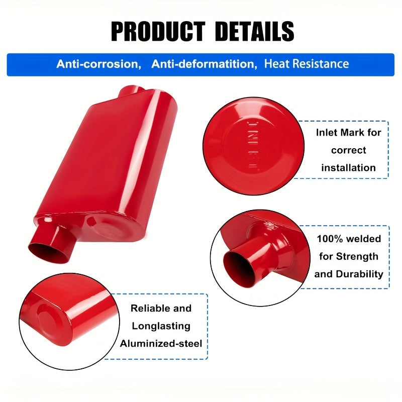 Universal Mufflers Dual Chamber, Offset Inlet Center Outlet.Performance Automotive Muffler Exhaust. 2 Chamber Performance Race Muffler Resonator Anti-corrosive 18" Overall (Silver & Black & Red)