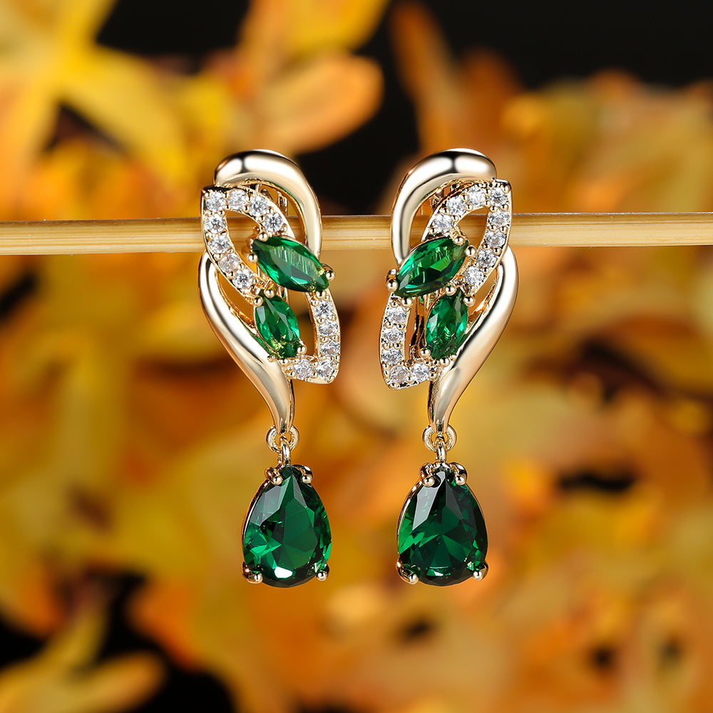 ANGOL Romantic Flower Dangle Earrings for Women - Golden-Tone Floral Design with Red & Clear Synthetic Gemstones, Elegant Party & Everyday Jewelry Gifts