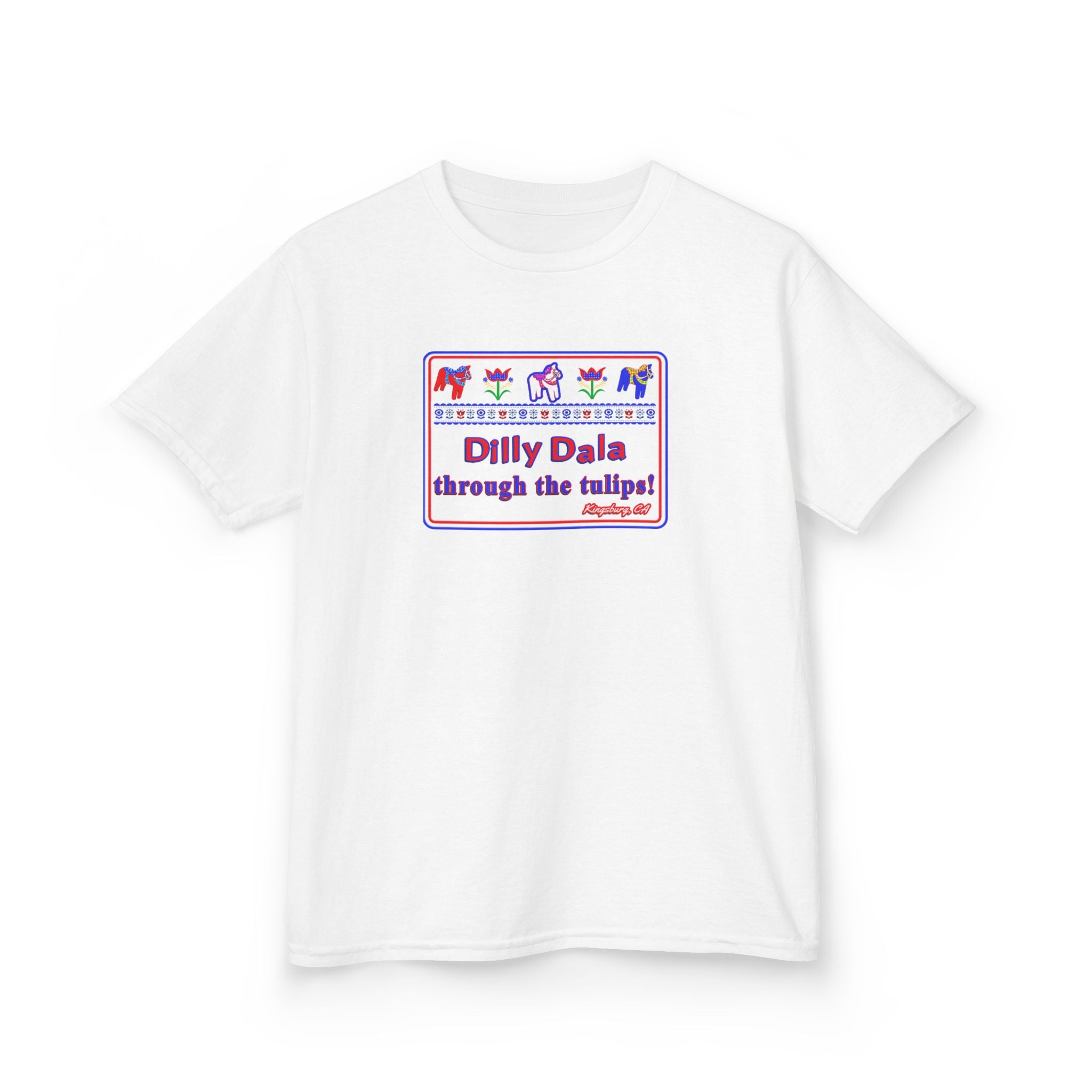 Kids Tee — "Dilly Dalla Through the Tulips" Colorful Tulip Kids Shirt