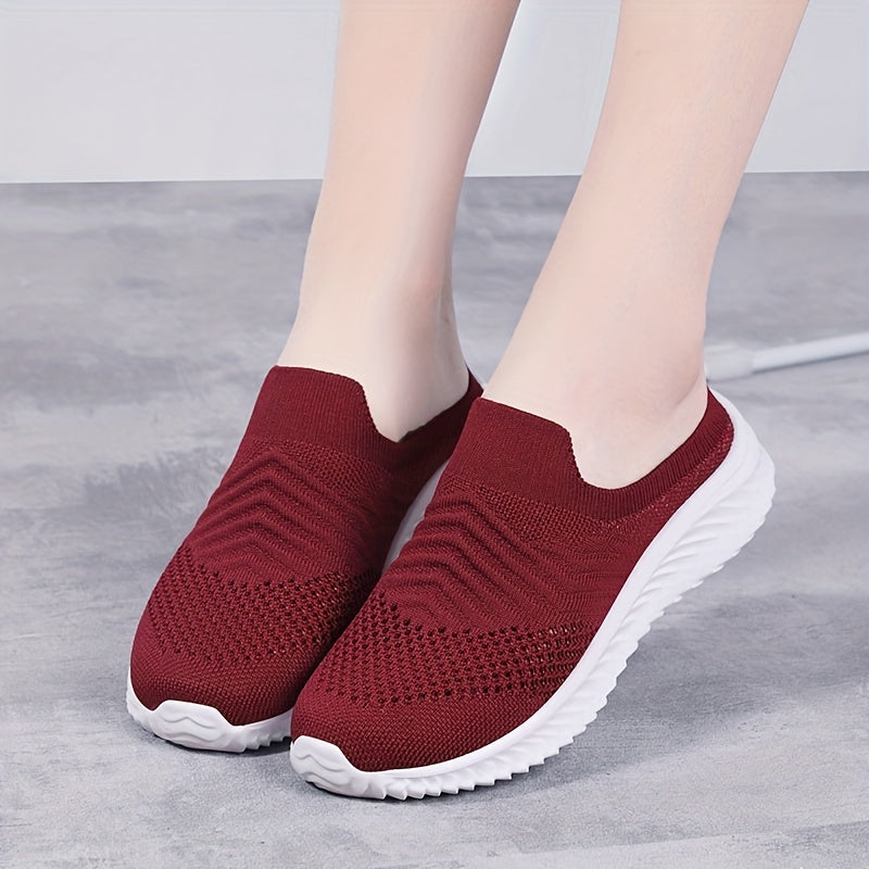 Women's Solid Color Knit Sneakers, Breathable Closed Toe Slip On Slippers, Casual Walking Mules
