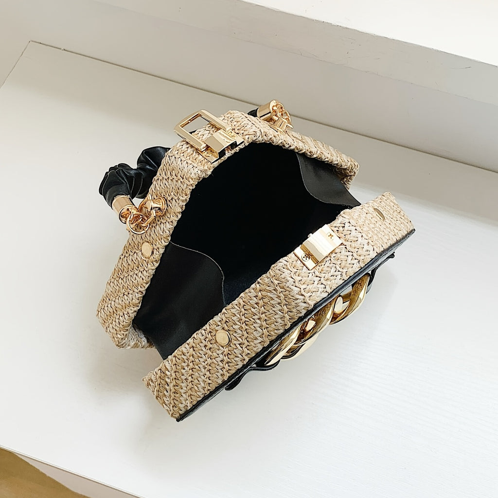Trendy Chain Handbag, Fashion Top Handle Straw Box Bag, Women's Vacation Style Purse