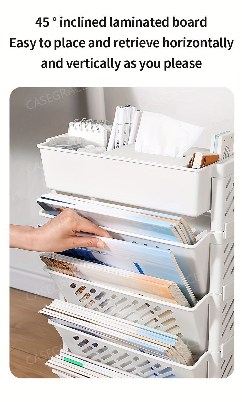 1pc Five-Level Movable Bookshelf, Desk Side Shelf, Floor Cart with Pen Holder for Office Study Supplies Storage and Document Storage