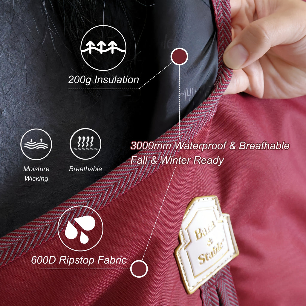 BARN & STABLE Heavy-Duty 600D Waterproof Horse Blanket - 3000mm/3000mvp Winter Turnout Rug with 200g Fill, & Adjustable Fit, All-Weather Horse Cover for Horses (Arabian, Thoroughbred, Shetland) - Durable Equestrian Gear, Hors
