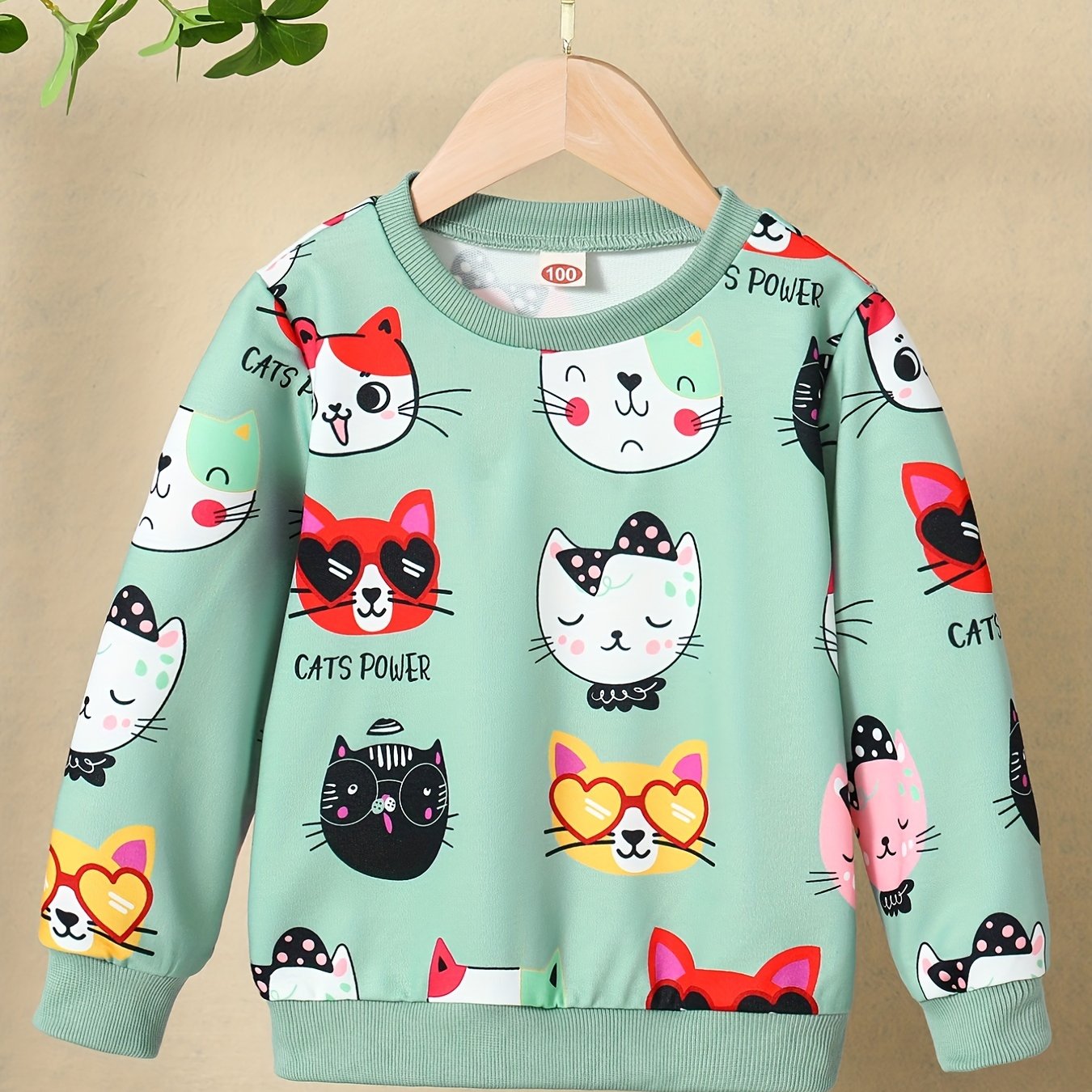 Girls' Cute Cat Print Sweatshirt - Pastel Pink with & Cat Design, Soft Round Neck Long Sleeve Top for Everyday & Special Occasions